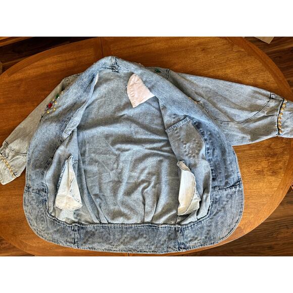 Vintage Acid Wash Denim Jean Stud Embellish Bejewel Rocker Duster 80s Jacket Art - Picture 8 of 14